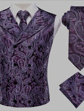 Purple Paisley Double-Breasted 4-Piece Vest Set